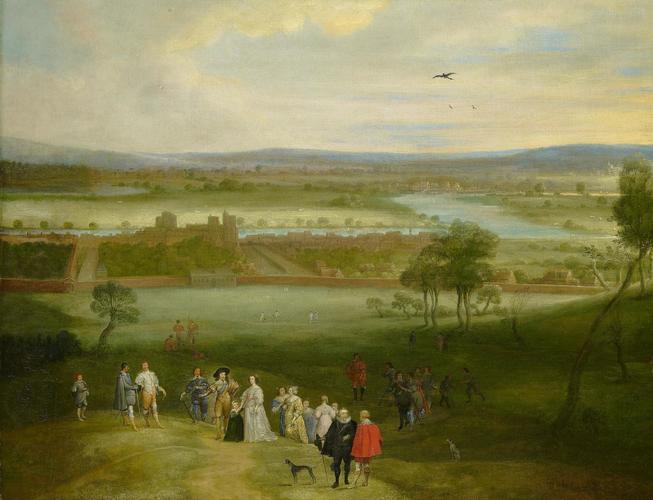 Adriaen Van Stalbemt 1580-1662 A View Of Greenwich With Charles I And Henrietta Maria Amongst A Group Of Courtiers